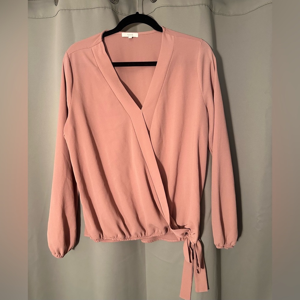 XL Pink Long Sleeve Tie Blouse